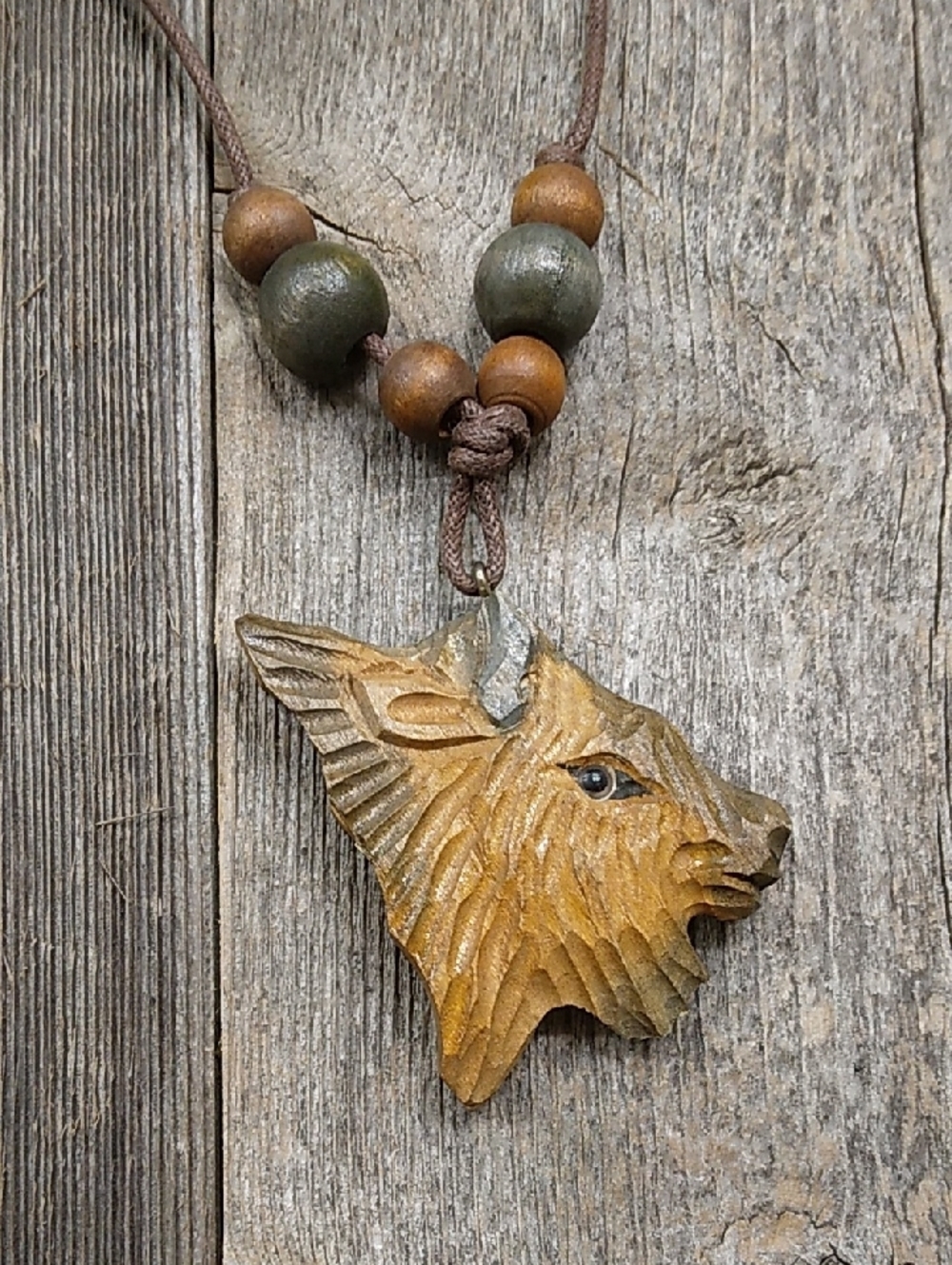 Handmade Wooden Bison Pendant Necklace Brown and Olive Green Beads